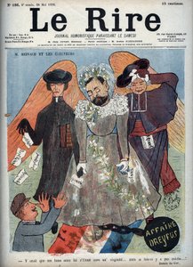 قضية دريفوس - إم. ريناخ والناخبون - غلاف مجلة ساخرة "Le Lire" تمثل جوزيف رينش (1856-1921) الكاتب والسياسي الفرنسي الذي دافع عن ألفريد دريفوس (1859-1935) في قضية دريفوس - رسم كاريكاتوري من قبل جيب (العرافة