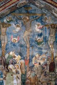 صلب المسيح "INRI" على الصليب. تفاصيل لوحة جدارية لمدرسة سيينا بواسطة مدرسة Sienese