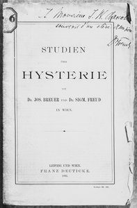 الغلاف الأمامي لـ "Studien uber Hysterie" لجوزيف بروير (1842-1925) وفرويد ، مخصصان لجان شاركوت (1867-1936) لايبزيغ ووين ، نشره فرانز ديوتيكي ، 1895 بواسطة سيغموند فرويد