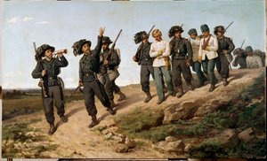 حلقة من الحملة الإيطالية في عام 1859: "" أسرى الحرب النمساويون محاطون ببيرساجليرس (bersaglieri) "لوحة لسيلفسترو ليجا (1826-1895) 1861 صن. 57.5 × 95 سم فلورنسا ، جاليريا دارت موديرنا بواسطة سيلفسترو ليجا