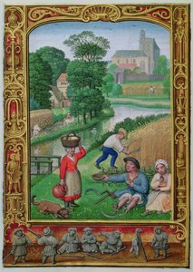 أضف 24098 f.25v August: الحصاد بالقرب من النهر ، من كتاب الصلوات أو كتاب الجولف ، حوالي 1520-30 (ورق) بواسطة سيمون (ورشة عمل) بينينغ