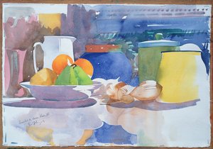 Fruits et Vase Bleu II، 2003 (ألوان مائية على ورق)