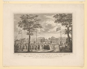 وداعًا لـ Willem V وزوجته في Buiten Amstel ، 1768 وداعًا للهدوء والسمو الملوكي فان دن إد: Eightb: قاضي مدينة أمستيلدام ، ومغادرة دن بويتن أمستل ، الرابع من يونيو 1768 (العنوان على الكائن) صورة بواسطة سيمون فوكي