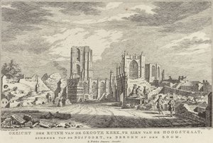 خراب كنيسة بيرغن الكبرى ، أوب زوم ، 1748 منظر لأطلال Groote Kerk ، التي يمكن رؤيتها من Hoogstraat ، القادمة من Bospoort ، في Bergen op den Zoom (العنوان على الكائن) عشرة مناظر للآثار بعد حصار وتدمير بيرغن المرجع Z