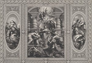جيمس الأول عيّن تشارلز ملكًا لاسكتلندا في المركز ، مينيرفا يرفع الجهل في عام 1720. بواسطة سيمون جريبيلين