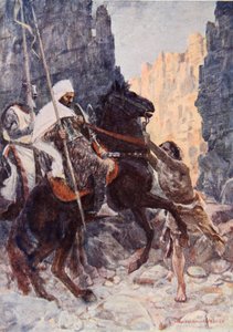 الفارس الاسكتلندي السير كينيث مع المسلم ، فاجأه هاماكو أثناء سيرهما في وادي ظل الموت ، رسم توضيحي لـ `` The Talisman: A Tale of the Crusaders '' للسير والتر سكوت (Colour litho)