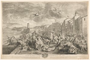 ضحايا الطاعون الدبلي يتم إعدامهم في لا توريت ، مرسيليا La Peste dans la ville de Marseille en 1720 (العنوان على الكائن) بواسطة جان فرانسوا دي تروي