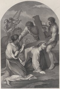 سقط المسيح على الأرض تحت ثقل الصليب ، بمساعدة رجلين و ... ، كاليفورنيا. 1729. بواسطة سيمون فالي