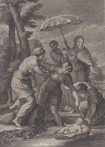 ثلاث نساء يسحبن السلة مع الرضيع موسى من الماء ، كاليفورنيا. 1729. بواسطة سيمون فالي