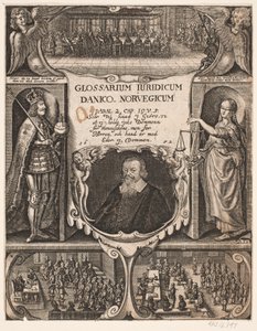 صفحة عنوان بها صورة حجاب ثاني أكسيد الكربون لـ "Glosarium Juridicum Danico - Norvegicum" ، 1652 بواسطة هانز أندرياس جرايز
