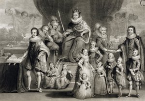 جلالة جيمس الأول وسلالته الملكية مع عائلة ملك بوهيميا ، نقشها تشارلز تورنر (1773-1857) ، 1814 بواسطة سيمون دي باس