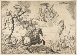 كوكب المشتري ونبتون وبلوتو يقدمون تيجانهم إلى أحضان الكاردينال بورغيزي ، 1642-43.