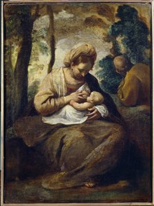 استرح في الرحلة إلى مصر. لوحة لسيمون كانتاريني (1612-1648) ، زيت على قماش. الفن الإيطالي (بولونيا)