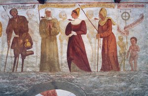 Death with the lame man, the nun, the young woman, the old woman and the child, detail from The Dance of Death