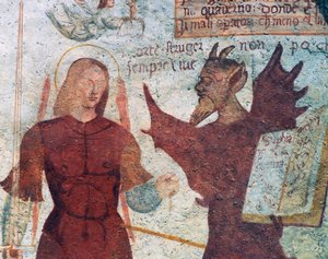 The Archangel Michael and the devil with the book of the seven deadly sins, detail from The Dance of Death