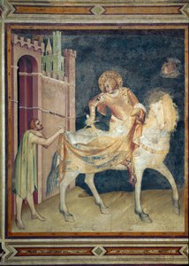 يشارك القديس مارتن معطفه مع متسول. فريسكو لسيمون مارتيني (1282-1344). 1315. الكنيسة السفلى للقديس فرانسوا الأسيزي ، مصلى القديس مارتن. اجلس.