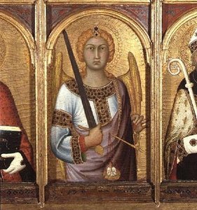 القديس ميخائيل ، تفاصيل من مذبح SS Geminianus ، Michael and Augustine ، حوالي عام 1319 (تمبرا مع الذهب والفضة على اللوحة) (تفاصيل 58835) بواسطة سيمون مارتيني
