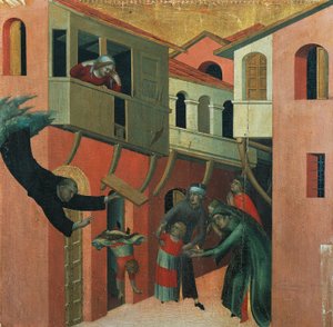The miracle of the baby who fell from the balcony, detail from the altarpiece entitled Blessed Agostino Novello and stories of his life, ca 1330, by Simone Martini (1283-1344), oil on canvas, 200x256 cm