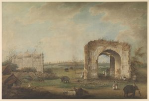 منظر لمسجد وبوابة في متجهيل ، حوالي 1814–1823 (ألوان مائية غير شفافة على ورق) بواسطة سيتا رام (سمة إلى)