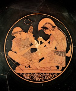 الجزء الداخلي من صورة العلية الحمراء kylix التي تصور أخيل تميل إلى الجرحى الجرحى ، من Vulci ، c.500 قبل الميلاد (سيراميك) بواسطة رسام سوسياس