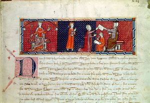 امرأة تؤدي اليمين أمام الملك جيمس الأول (1207-76) من مايوركا ، من Capbreu de Clayra et de Millas ، 1292 بواسطة المدرسة الاسبانية