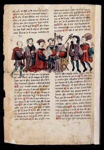 رجل يعرض على الملك كتابا مصغرًا في "كتاب العقوبات والوثائق من أجل العيش الكريم" بواسطة المدرسة الاسبانية