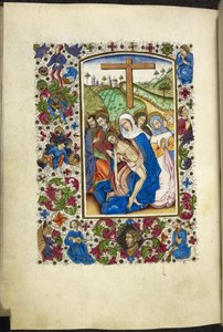 أضف MS 50004 f.70v العذراء مريم وهي تحمل جسد المسيح ، مع تلميذين وامرأة بجانبها ، من "كتاب الصلوات" (حبر ، لون وذهب على ورق) بواسطة المدرسة الاسبانية