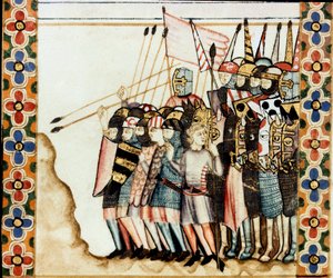 Armee des croises تفاصيل صفحة مأخوذة من مخطوطة لأغنية القديسة ماري (Cantigas de Santa Maria) ، تزين المنمنمات المكرسة للقديسة مريم ومعجزاتها ، وهي مجموعة من الأغاني التي ترجع إلى عهد ألفونسو العاشر الحكيم (1221- 1284). بواسطة المدرسة الاسبانية