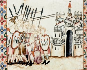 Armee of the Moors يدافع عن مدينة تفاصيل صفحة مأخوذة من مخطوطة لأغنية القديسة ماري (Cantigas de Santa Maria) ، تزين المنمنمات المخصصة للقديسة مريم ومعجزاتها ، وهي مجموعة من الأغاني redige في عهد ألفونسو العاشر ث بواسطة المدرسة الاسبانية