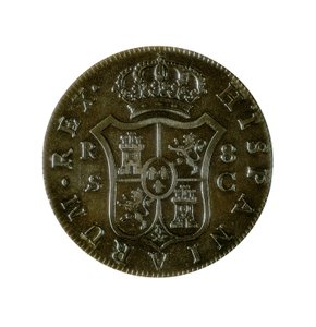 عملة مكونة من 8 ريالات إسبانية ، عملة قشتالية ضربت في إشبيلية في عهد تشارلز الرابع (1748-1819) بواسطة المدرسة الاسبانية