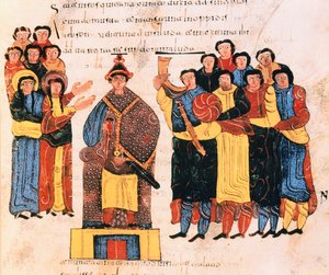 أعلن داود ملكًا أمام شعب يهوذا ، من الكتاب المقدس القوطي والموزاربي للقديس إيسيدوريس ، ص. 125 ص ، 960 م (درجة حرارة على الرق).