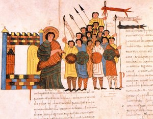 رحيل جيش الملك دافيدز من أجل الحرب ، من الكتاب المقدس القوطي والموزاربي للقديس إيسيدوريس ، الورقة ١٣١ ظ ، ٩٦٠ م (درجة الحرارة على الرق) بواسطة المدرسة الاسبانية