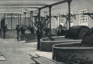 الاقتصاد (القرن التاسع عشر). مصنع الورق باسبانيا "" La Guipuzcoana ". غرفة الاسطوانة والمغسل للمصنع الموجود في تولوسا (جويبوزكوا). نقش بواسطة المدرسة الاسبانية