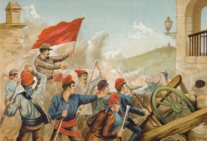 قتال بين المتطوعين والجنود الجمهوريين ، سارية ، برشلونة ، 1874 بواسطة المدرسة الاسبانية
