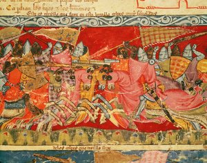 Fol.110r المعركة بين الإغريق وأحصنة طروادة من Codex Benito Santa Mora بواسطة المدرسة الاسبانية