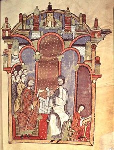 Fol.1r مشهد المحكمة مع الكتبة ، من Liber feudorum maior بواسطة المدرسة الاسبانية