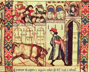 Fol.200r وفاة ثور في الحلبة ، من المخطوطة التي أُنشئت تحت إشراف ألفونسو العاشر الملك الحكيم لقشتالة وليون بواسطة المدرسة الاسبانية