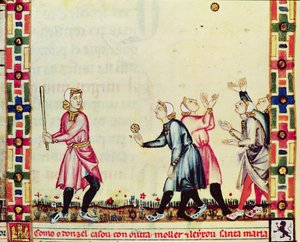 Fol.61v لعبة بيلوتا في الهواء الطلق ، من المخطوطة المصنوعة تحت إشراف ألفونسو العاشر (1221-84) الحكيم ، ملك قشتالة وليون