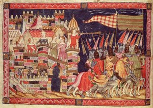 Fol.86v أحصنة طروادة تغادر للمعركة ، من المخطوطة بينيتو سانتا مورا بواسطة المدرسة الاسبانية