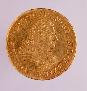 عملة ذهبية (8 ecu) من إسبانيا: عهد فيليب (Filippo أو Philippe) الخامس (1700-1746). 1739 ديم. 3.6 سم نابولي متحف أثري بواسطة المدرسة الاسبانية