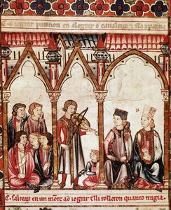 مجموعة من Troubadours ، رسم توضيحي من "Cantigas de Santa Maria" "، صنعت تحت إشراف ألفونسو العاشر (" الحكيم ") ملك قشتالة وليون (1221-1284) - بلاط الملك والموسيقيين. منمنمة من مخطوطة أغنية القديسة مريم (Cantig بواسطة المدرسة الاسبانية