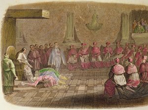 سفراء اليابان يسجدون عند قدمي البابا غريغوري الثالث عشر عام 1585 بواسطة المدرسة الاسبانية