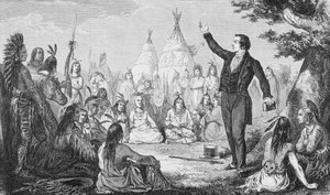 جوزيف سميث ، مؤسس الكنيسة المورمونية ، الوعظ للهنود ، من "La Vuelta al Mundo" ، نُشر في مدريد ، 1865 (النقش) بواسطة المدرسة الاسبانية
