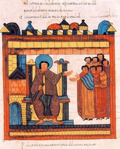 جلس الملك داود على عرشه ويحيط به بلاطه من الكتاب المقدس القوطي والموزاربي للقديس إيسيدوريس ، ص .122 و. ، 960 م (درجة الحرارة على الرق)