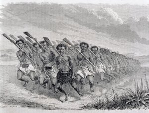 محاربو الماوري يؤدون رقصة حرب ، توضيح من "العودة إلى العالم" (النقش) بواسطة المدرسة الاسبانية