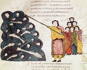 بعد أن أخذ موسى شعب إسرائيل عبر البحر الأحمر ، راقب المصريين وهم يغرقون. مصغرة من الكتاب المقدس Mozarabic. القرن العاشر. ليون. مكتبة الكلية الملكية للقديس إيزيدور. بواسطة المدرسة الاسبانية