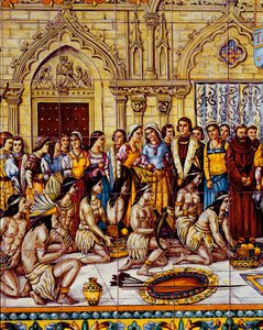 جلب الأمريكيون الأصليون حاشية كولومبوس إلى إسبانيا عام 1492 (خزفي) بواسطة المدرسة الاسبانية