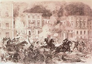 الانتفاضات الشعبوية في مدريد ، المشاغبون يحاولون إشعال النار في قصر الملكة ماريا كريستينا عام 1854 (ليتو) بواسطة المدرسة الاسبانية