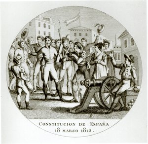 إعلان الدستور الليبرالي في 18 مارس 1812 ، من قبل الوطنيين ، الذي أصدره الكورتس في قادس بواسطة المدرسة الاسبانية