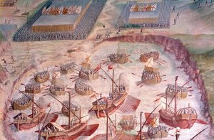 سباق القوارب الشراعية الإسبانية خلال رحلة استكشافية إلى Acores في 1582 بقيادة فيليب الثاني (1527-1598) ، ملك إسبانيا. 16th جصية. قاعة المعارك ، قصر الإسكوريال ، مدريد. بواسطة المدرسة الاسبانية